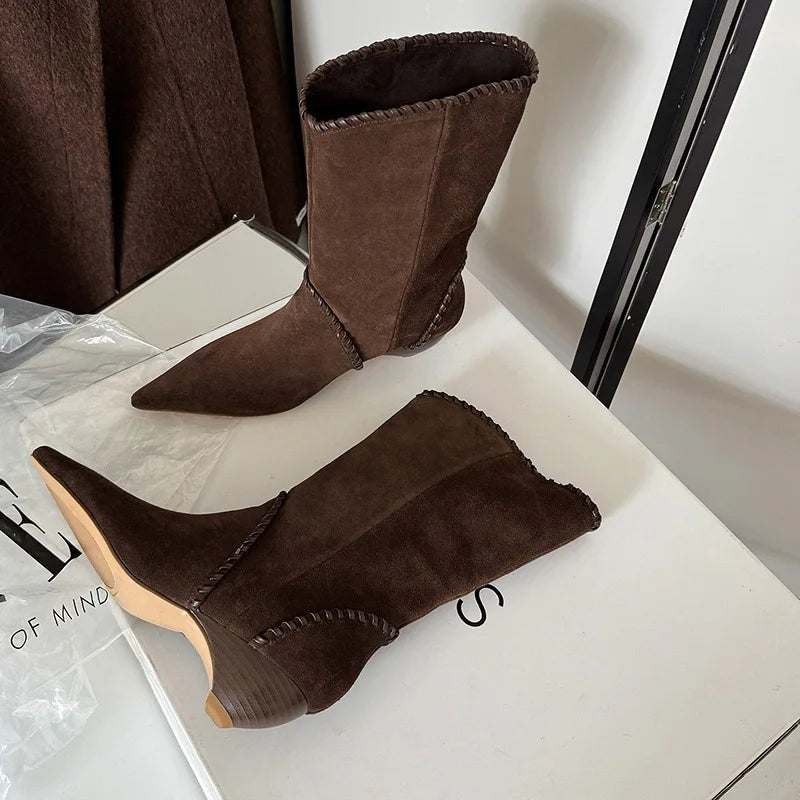 Autumn Cow suede Pleated Wedges Western Boots