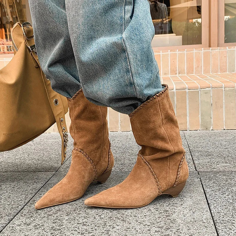 Autumn Cow suede Pleated Wedges Western Boots