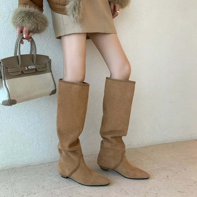 Autumn Cow suede Pleated Western Boots