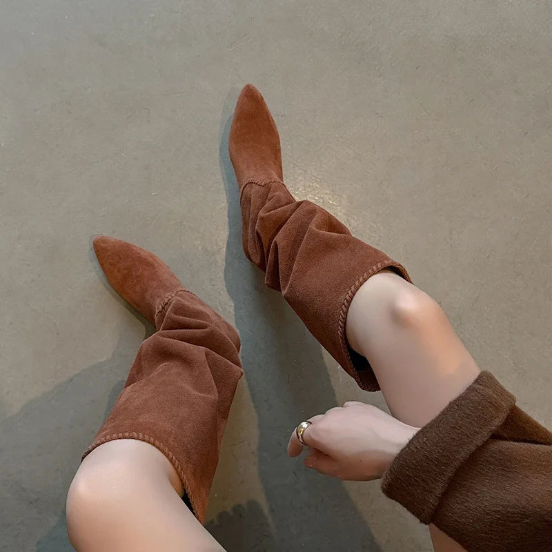 Autumn Cow suede Pleated Western Boots