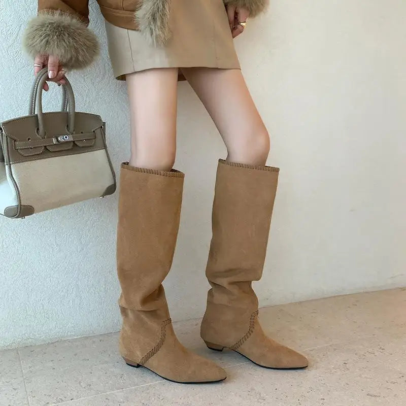 Autumn Cow suede Pleated Western Boots