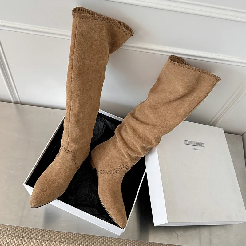 Autumn Cow suede Pleated Western Boots