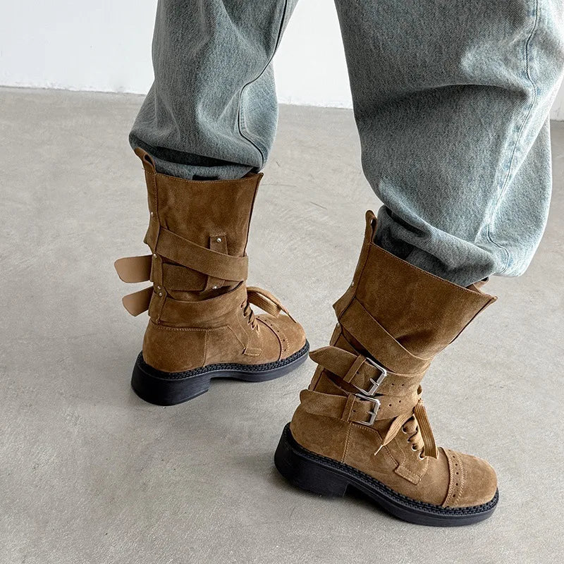 Autumn Cow suede platform Motorcycle Boots