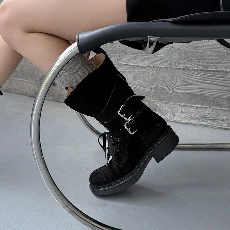 Autumn Cow suede platform Motorcycle Boots