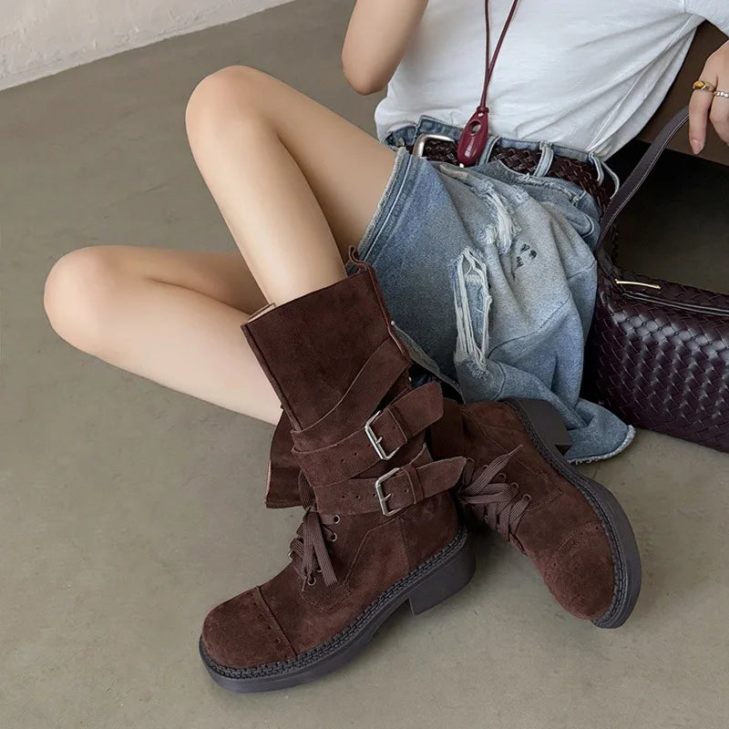 Autumn Cow suede platform Motorcycle Boots