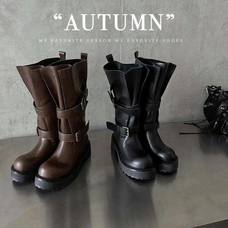 Autumn Cowhide Platform Motorcycle Boots