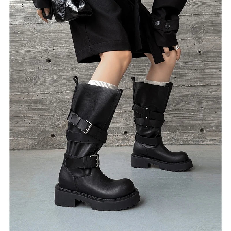 Autumn Cowhide Platform Motorcycle Boots