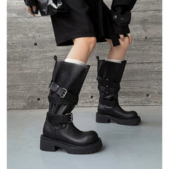 Autumn Cowhide Platform Motorcycle Boots