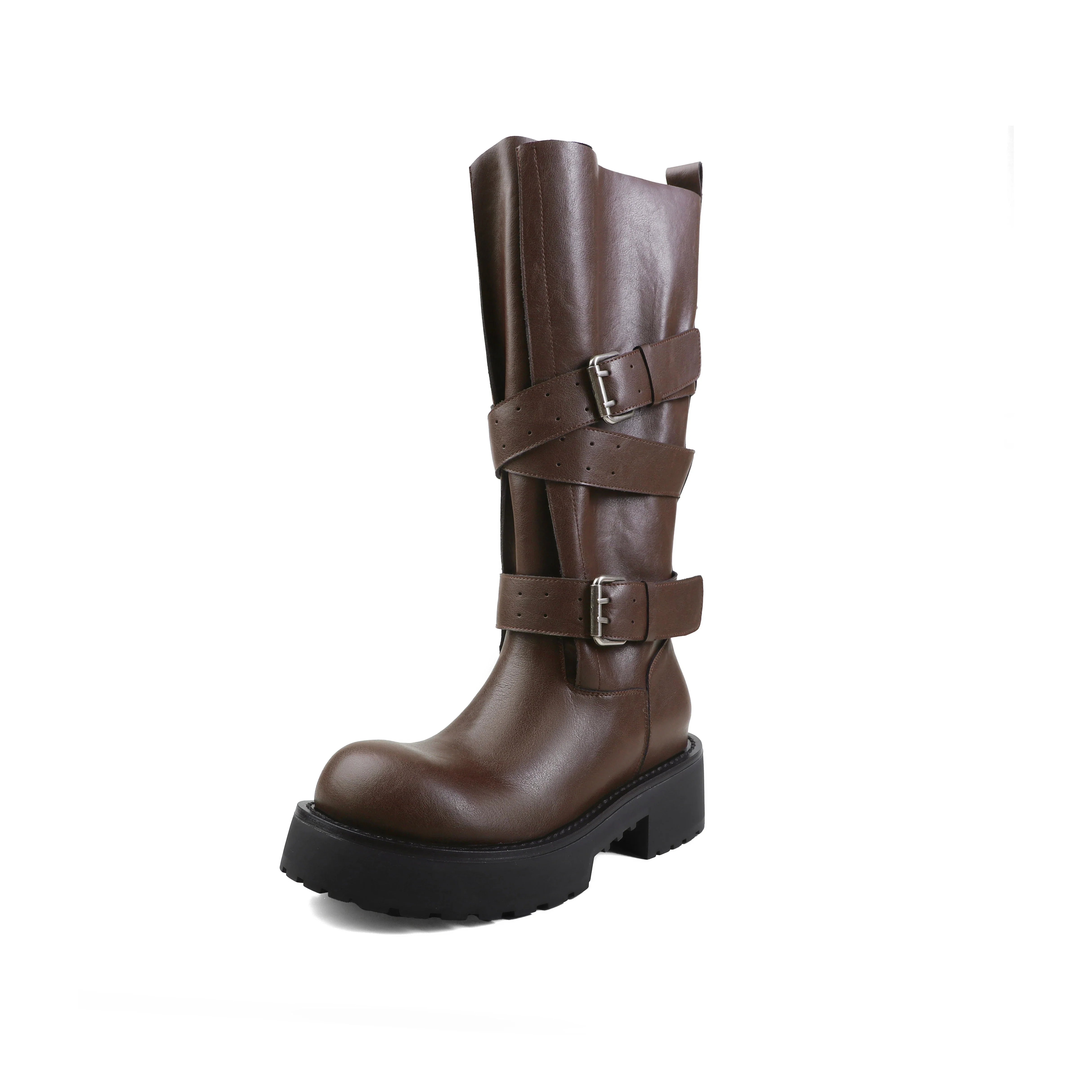 Autumn Cowhide Platform Motorcycle Boots