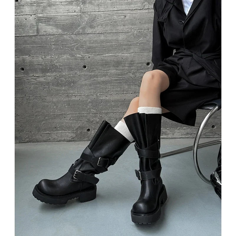 Autumn Cowhide Platform Motorcycle Boots