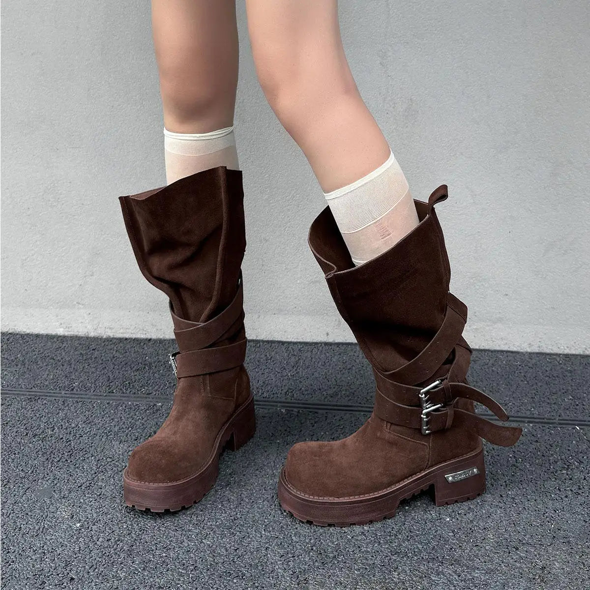 Autumn Cowhide Platform Motorcycle Boots