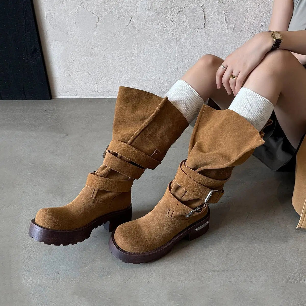 Autumn Cowhide Platform Motorcycle Boots