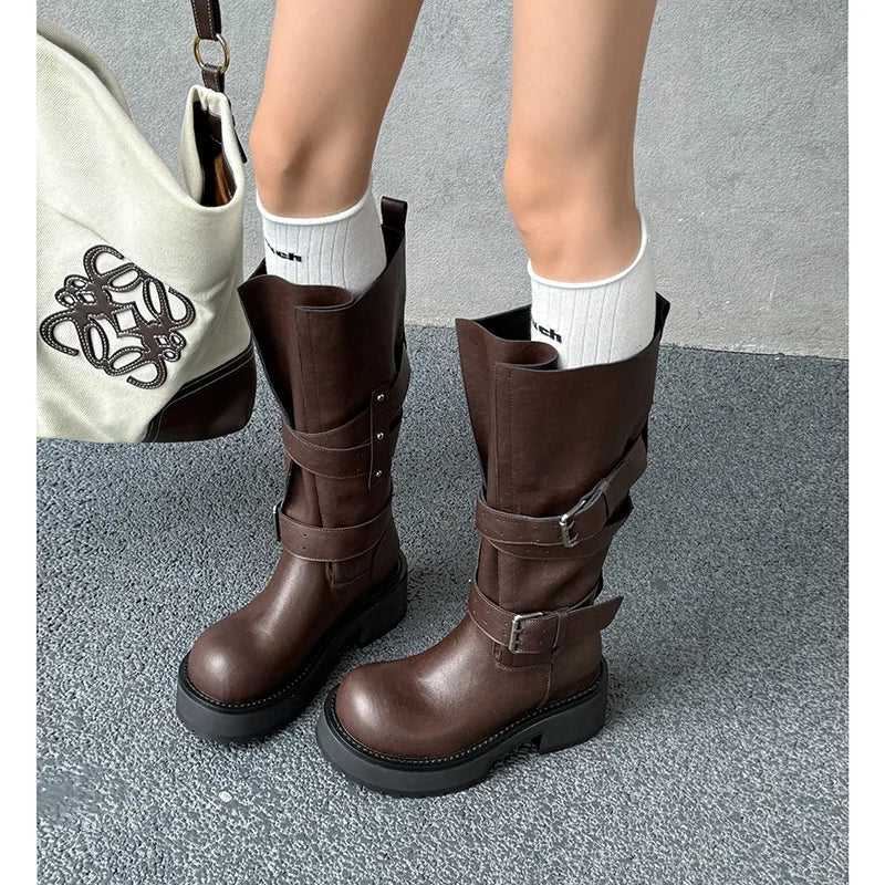 Autumn Cowhide Platform Motorcycle Boots