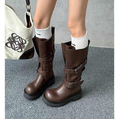 Autumn Cowhide Platform Motorcycle Boots