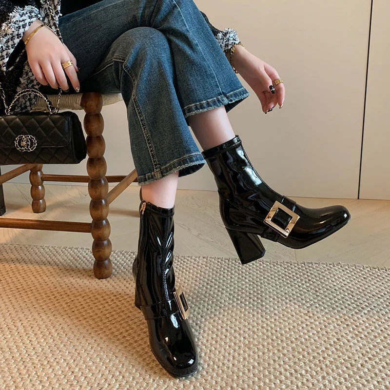 Autumn Crystal square buckle Cow patent leather Ankle Boots