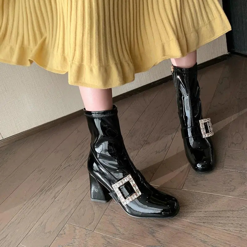 Autumn Crystal square buckle Cow patent leather Ankle Boots