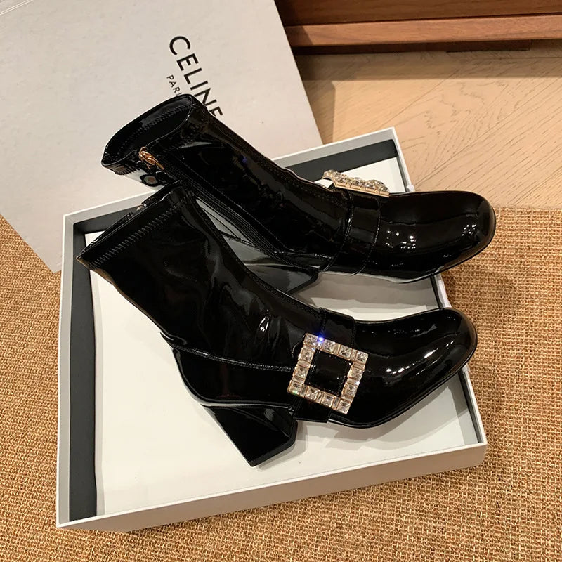 Autumn Crystal square buckle Cow patent leather Ankle Boots