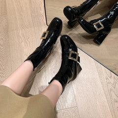 Autumn Crystal square buckle Cow patent leather Ankle Boots