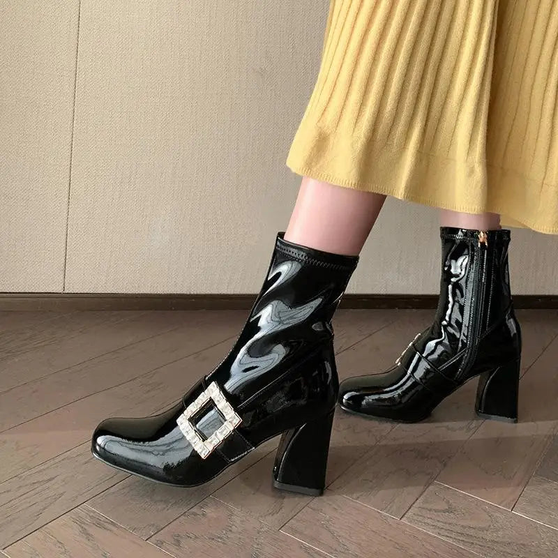 Autumn Crystal square buckle Cow patent leather Ankle Boots