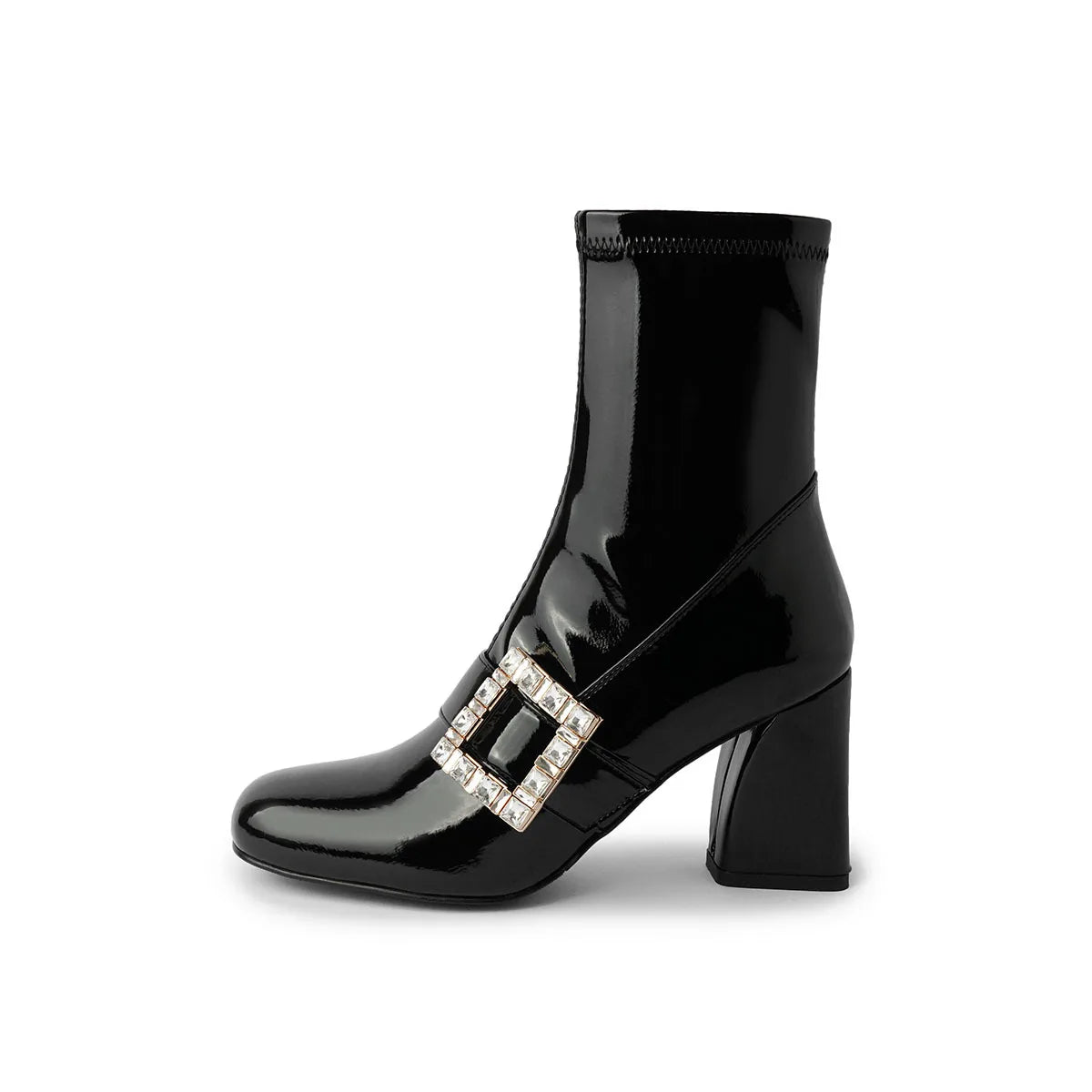 Autumn Crystal square buckle Cow patent leather Ankle Boots