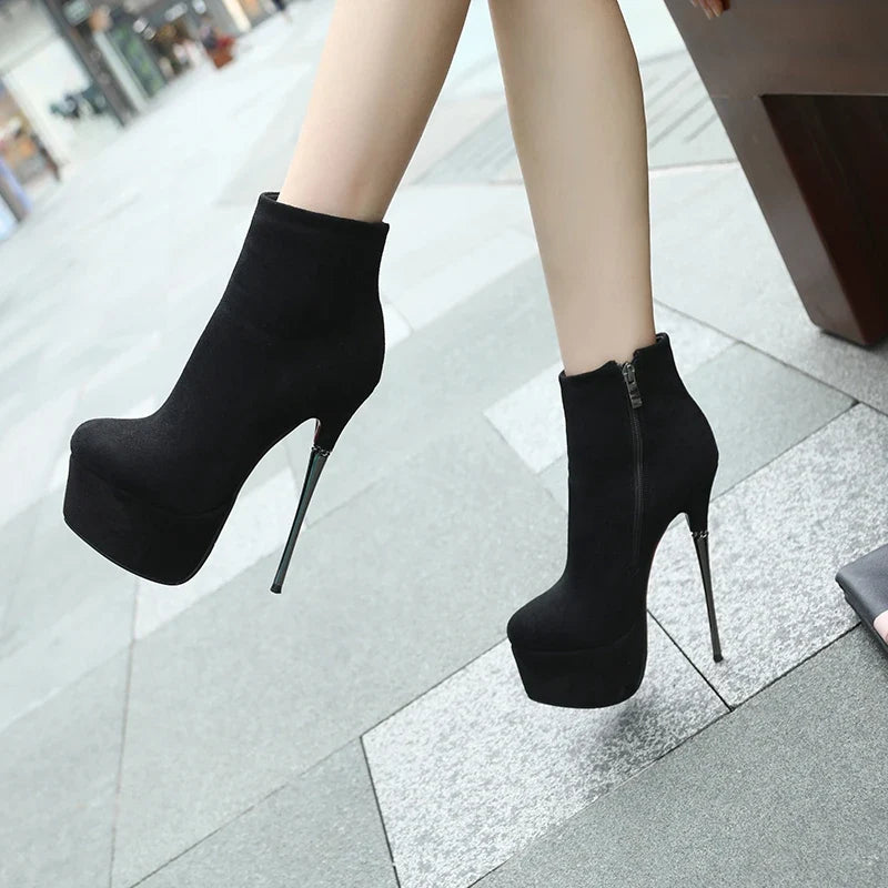 Autumn Suede Platform Metal Heel Short Boots