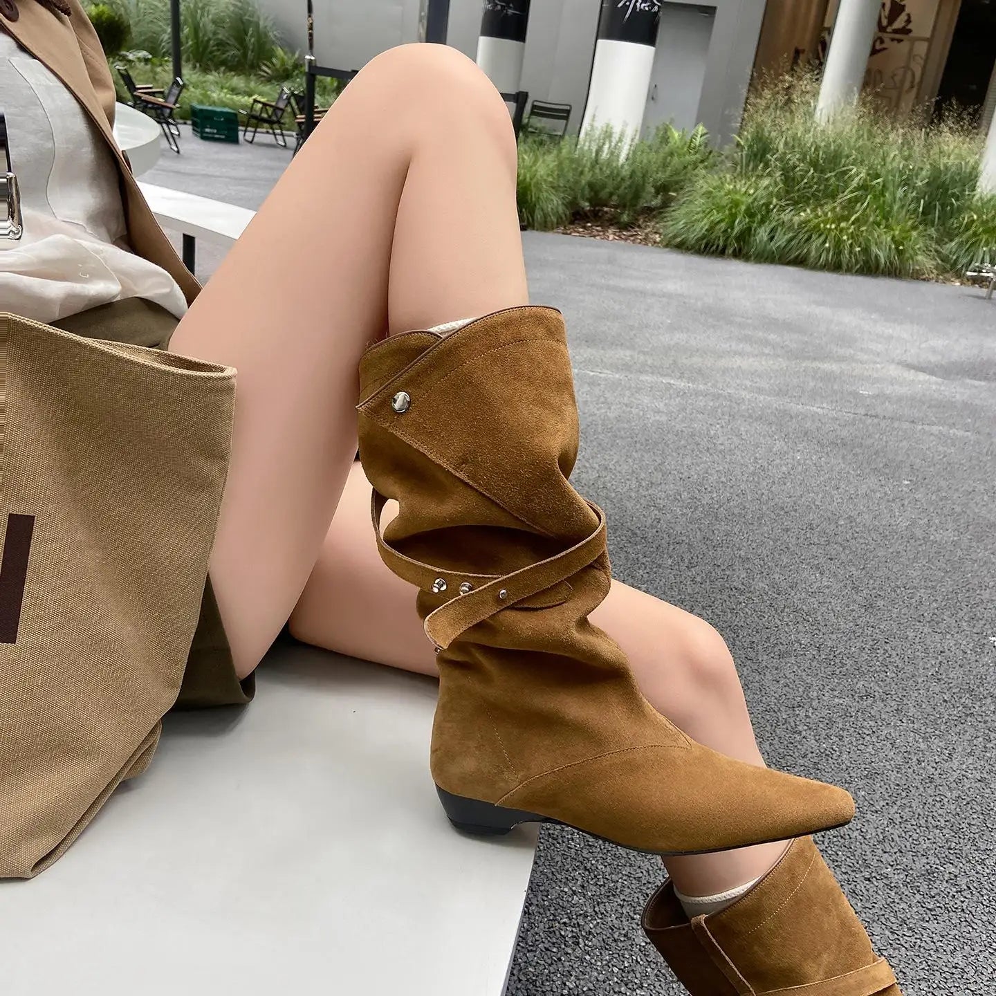 Autumn apricot Cow suede Pleated Modern Boots