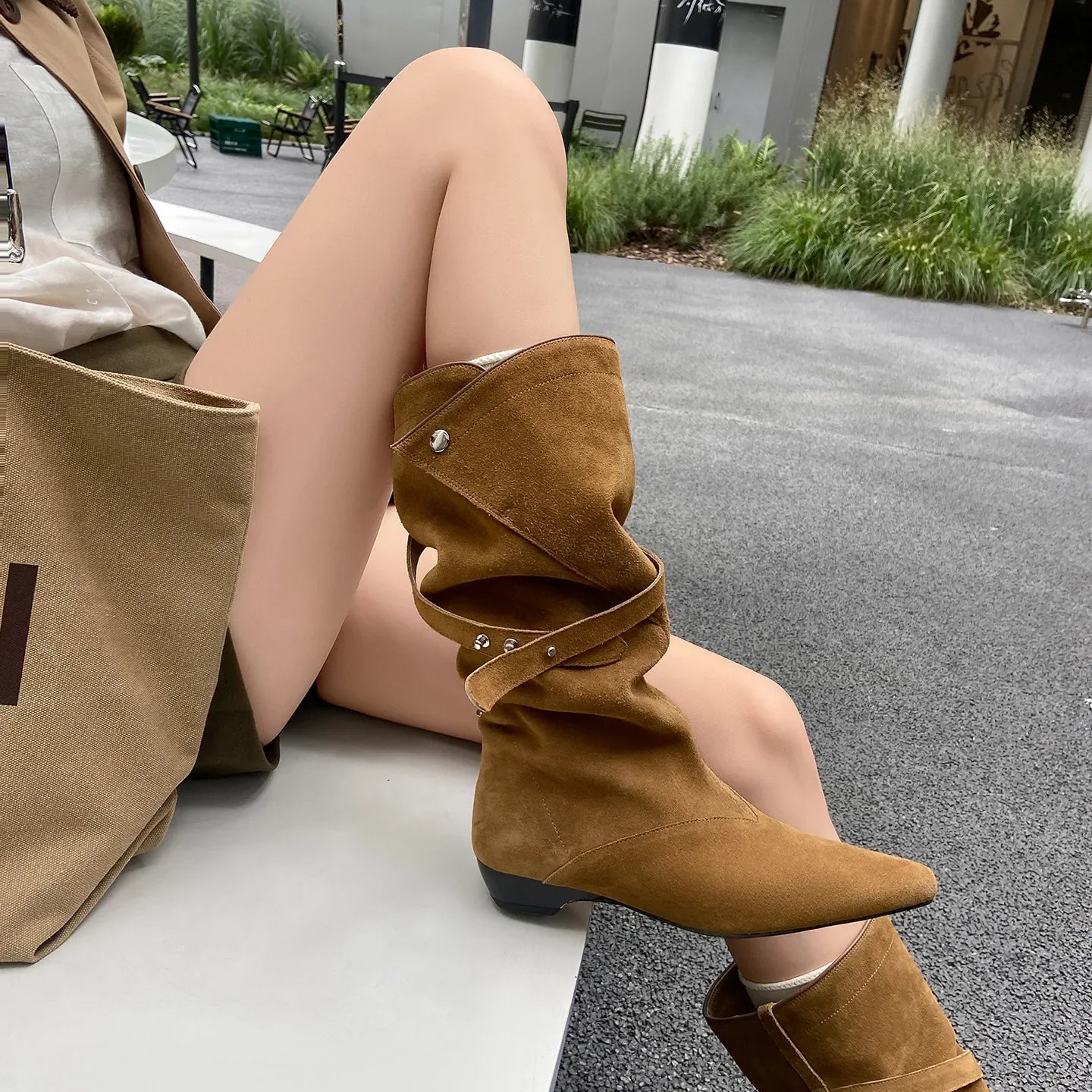 Autumn apricot Cow suede Pleated Modern Boots