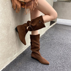 Autumn apricot Cow suede Pleated Modern Boots