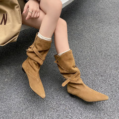Autumn apricot Cow suede Pleated Modern Boots