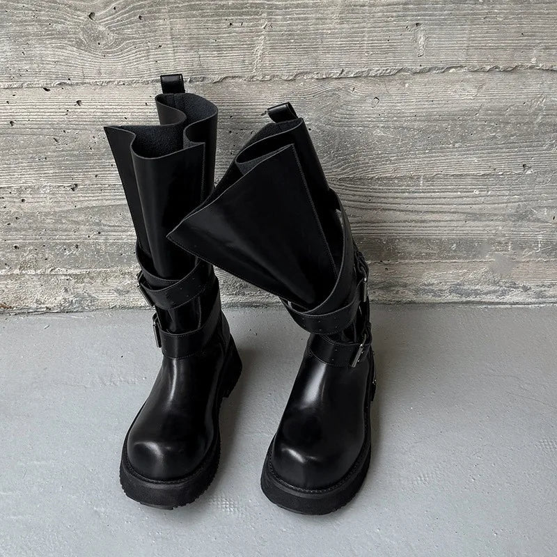 Autumn black cowhide platform Riding Boots