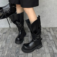 Autumn black cowhide platform Riding Boots