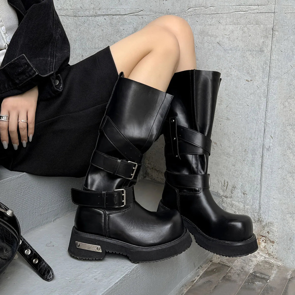 Autumn black cowhide platform Riding Boots