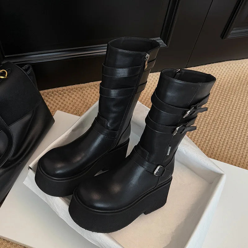 Autumn black cowhide platform Wedges Mid-Calf Boots