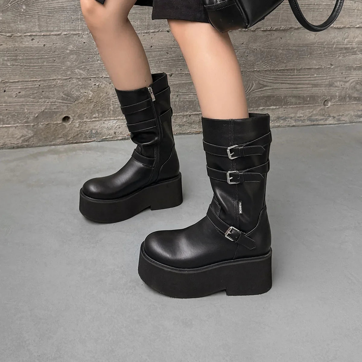 Autumn black cowhide platform Wedges Mid-Calf Boots