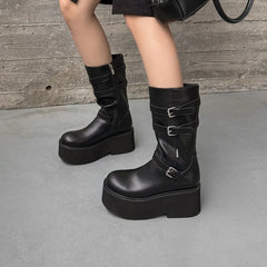 Autumn black cowhide platform Wedges Mid-Calf Boots