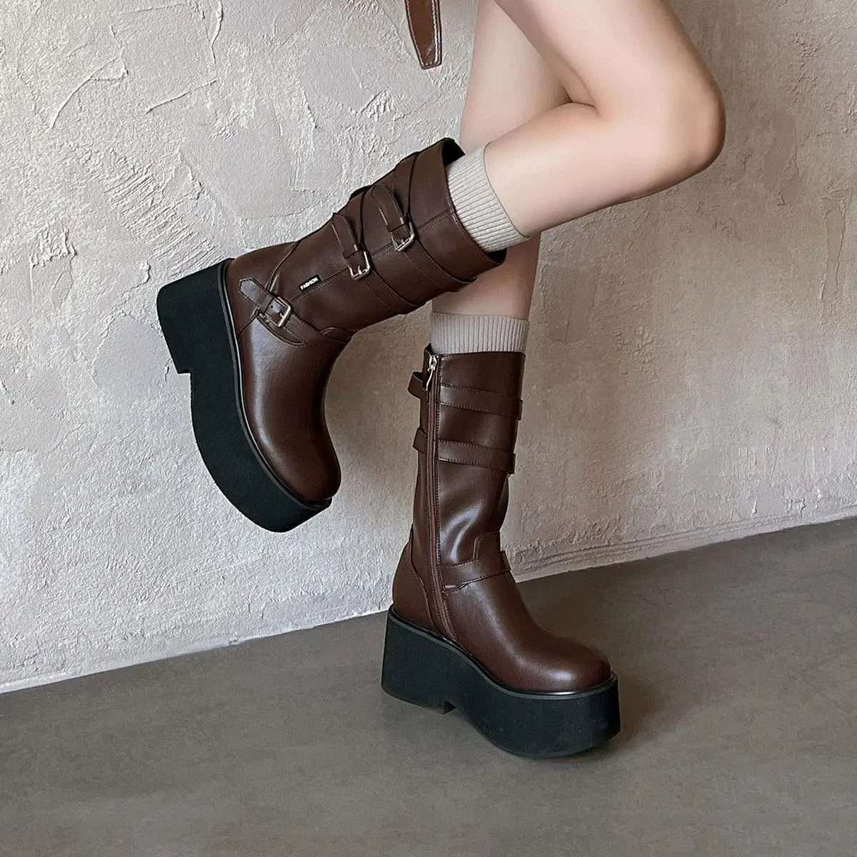 Autumn black cowhide platform Wedges Mid-Calf Boots