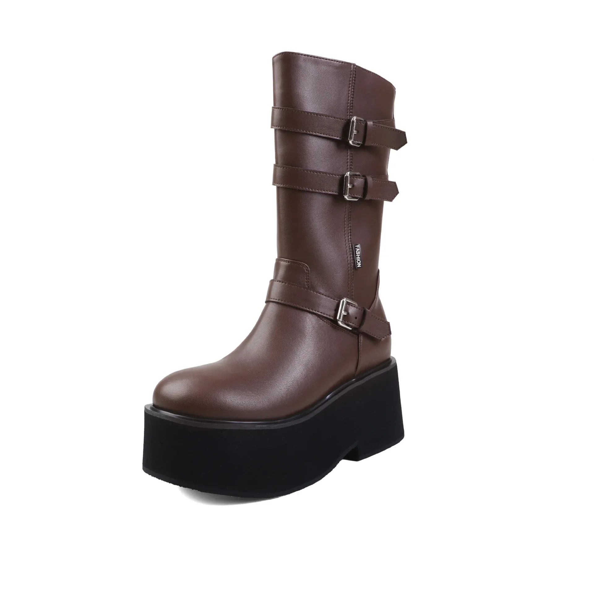 Autumn black cowhide platform Wedges Mid-Calf Boots