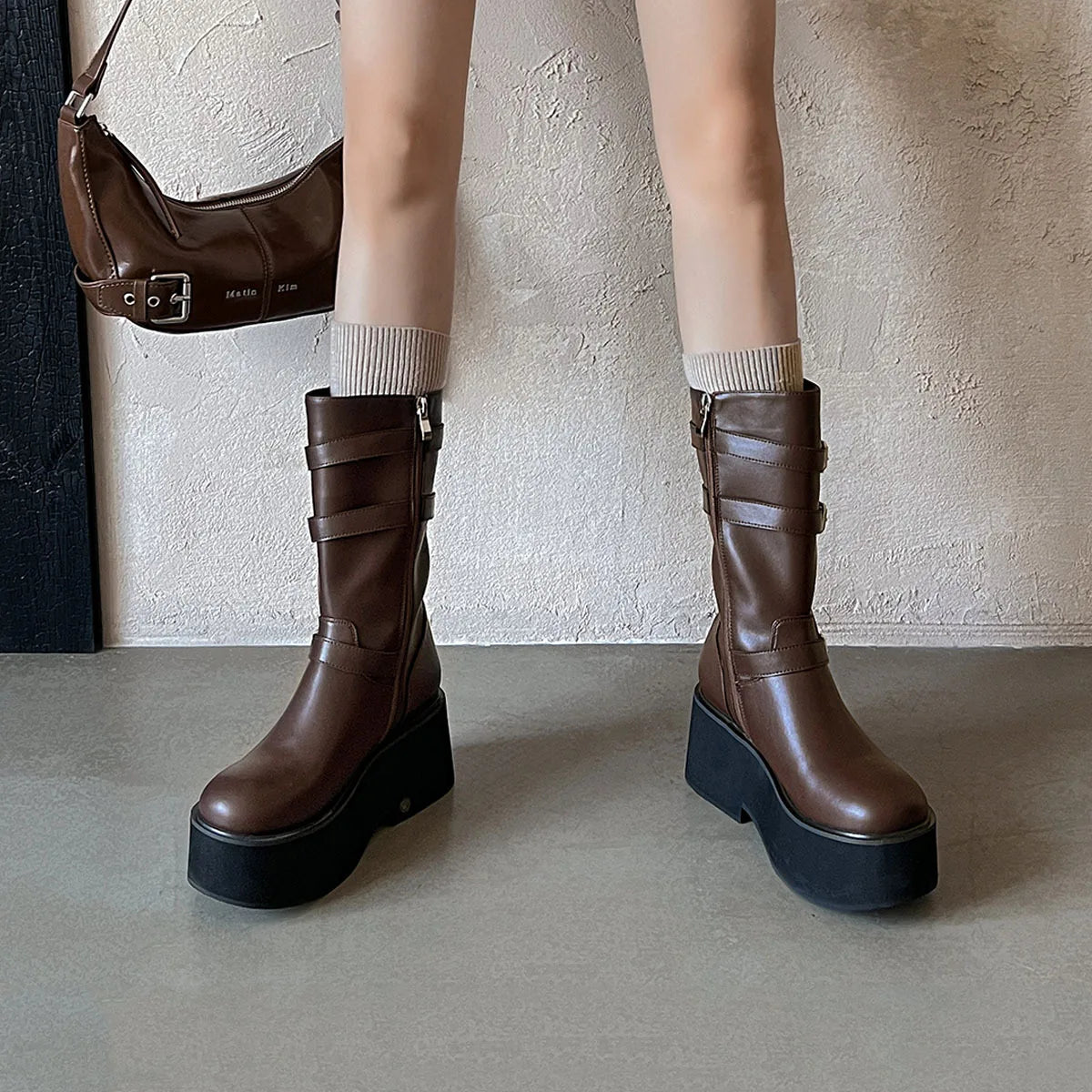 Autumn black cowhide platform Wedges Mid-Calf Boots