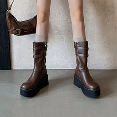 Autumn black cowhide platform Wedges Mid-Calf Boots
