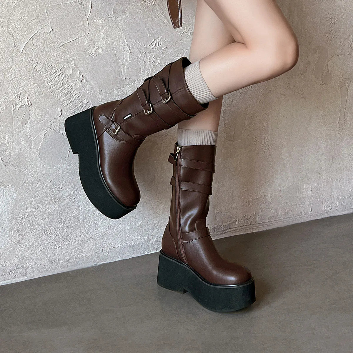 Autumn black cowhide platform Wedges Mid-Calf Boots