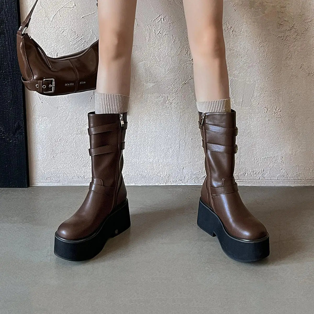 Autumn black cowhide platform Wedges Mid-Calf Boots