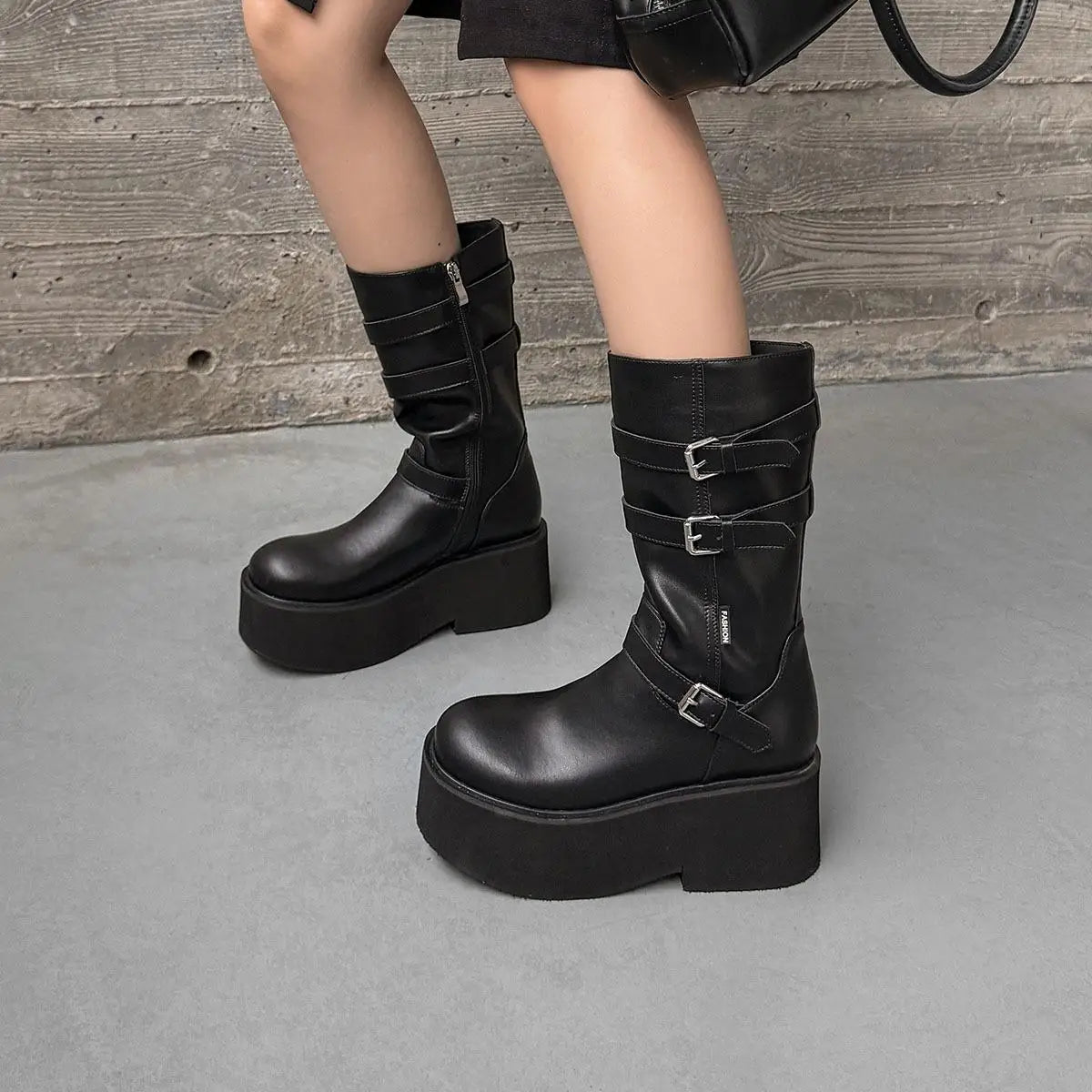 Autumn black cowhide platform Wedges Mid-Calf Boots