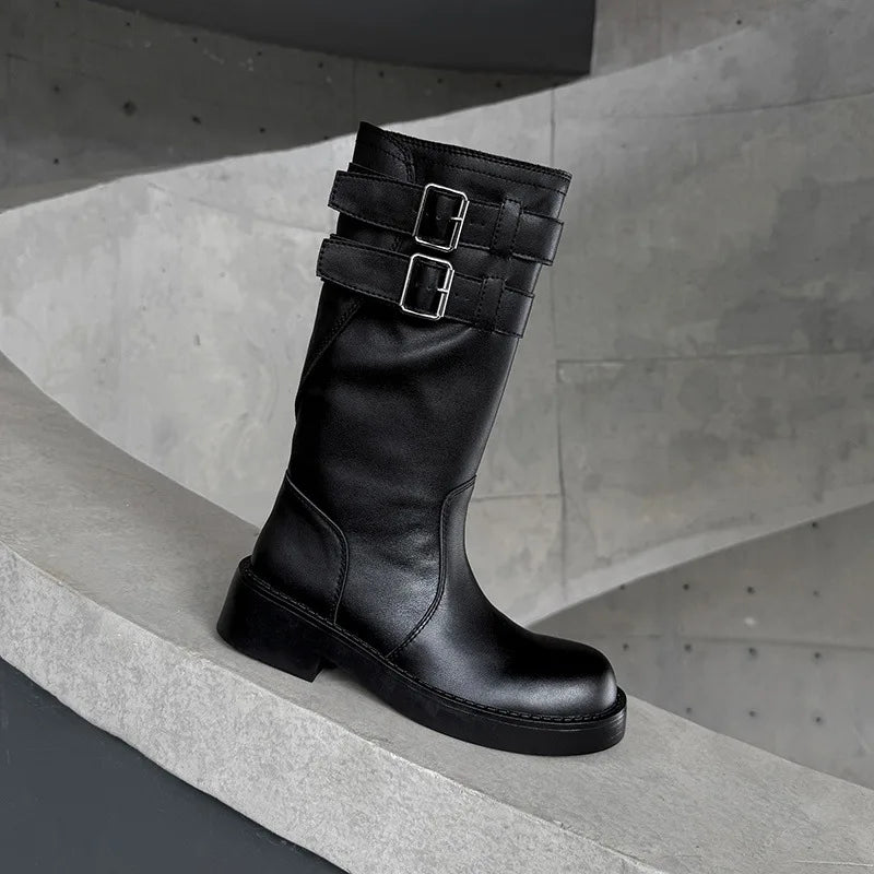 Autumn cowhide Belt buckle Mid-Calf Boots