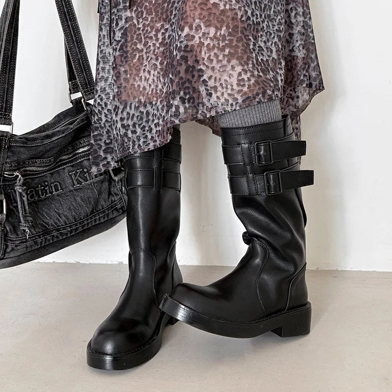 Autumn cowhide Belt buckle Mid-Calf Boots