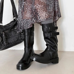 Autumn cowhide Belt buckle Mid-Calf Boots