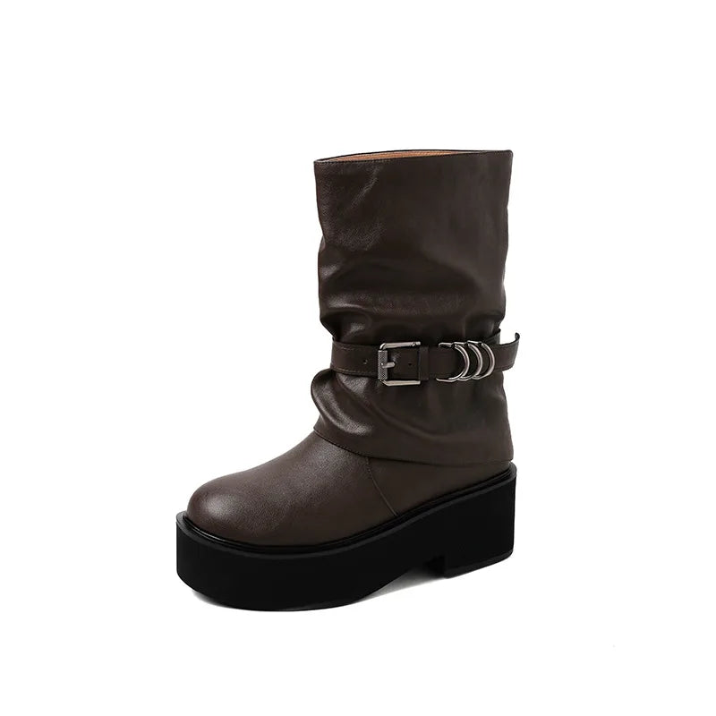 Autumn cowhide platform Belt buckle Mid-Calf Boots