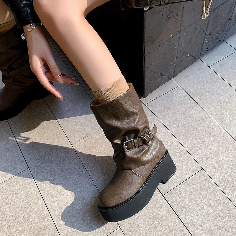 Autumn cowhide platform Belt buckle Mid-Calf Boots