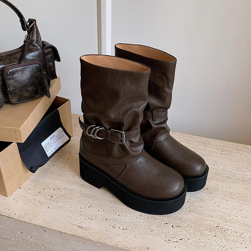 Autumn cowhide platform Belt buckle Mid-Calf Boots