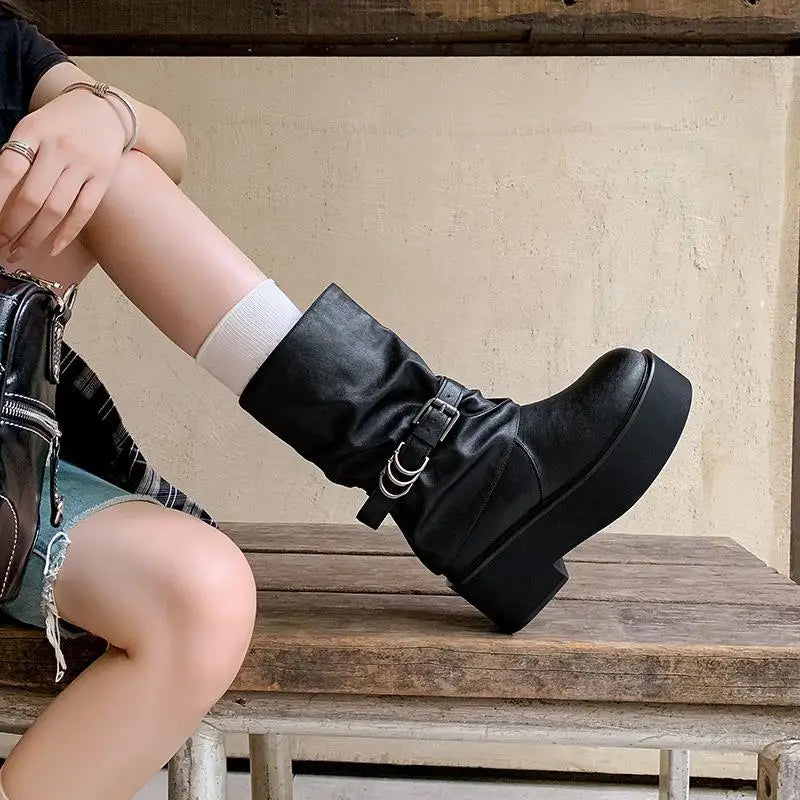Autumn cowhide platform Belt buckle Mid-Calf Boots
