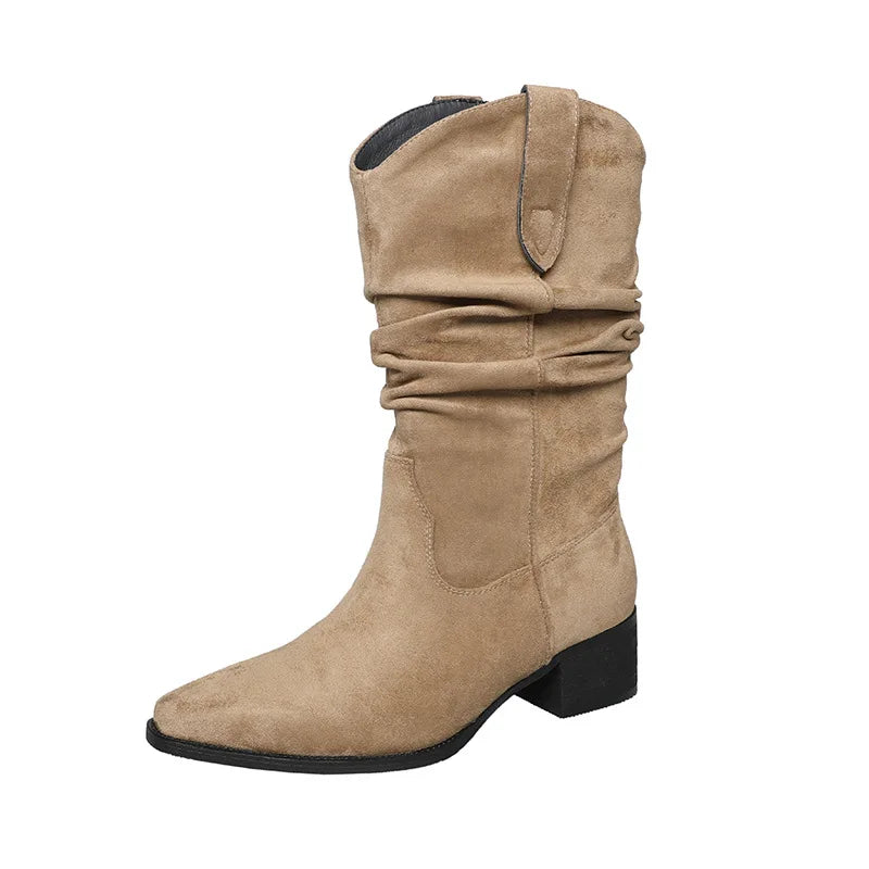 Autumn khaki suede Pleated Mid-Calf Boots